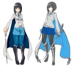  1girl absurdres artist_progress black_footwear black_hair black_legwear blue_cape blue_eyes blue_legwear blue_skirt blush bob_cut boots cape closed_mouth comparison doko_tetora full_body grey_cape grey_jacket highres holding holding_sword holding_weapon inverted_bob jacket long_sleeves looking_at_viewer miniskirt multiple_views original pantyhose parted_lips pigeon-toed pleated_skirt rei_(doko_tetora) simple_background skirt sword two-sided_cape two-sided_fabric weapon white_background 