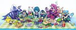  1other 2girls 6+boys absurdres antlers beak berdly_(deltarune) burger chalk cookie cup cupcake deltarune eating food glasses goat_horns highres horns jevil juice_box ketrindarkdragon kris_(deltarune) lancer_(deltarune) monster_boy monster_girl multiple_boys multiple_girls noelle_holiday picnic picnic_basket ralsei reindeer_antlers rouxls_kaard sandwich sharp_teeth sitting smile spamton_g._spamton susie_(deltarune) teacup teeth the_original_starwalker 