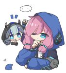  ... 2girls arknights banbon blue_eyes blue_hair blue_jacket blue_poison_(arknights) blush_stickers bolo_tie chibi closed_mouth detached_hood frog glaucus_(arknights) hand_on_own_chin hood hood_up hooded_jacket jacket korean_text long_sleeves low_twintails multicolored_hair multiple_girls one_eye_closed pink_hair spoken_ellipsis streaked_hair twintails 