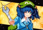  1girl ;d backpack bag bangs blue_hair blue_shirt blush_stickers buttons collared_shirt dress_shirt eyebrows_visible_through_hair flat_cap green_bag green_eyes green_headwear hair_bobbles hair_ornament hat holding holding_wrench kawashiro_nitori key long_sleeves looking_at_viewer one_eye_closed open_mouth qqqrinkappp shirt short_hair smile solo star_(symbol) touhou traditional_media two_side_up upper_body white_shirt wrench yellow_background 
