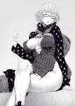  1girl bangs breasts cleavage cropped_jacket dress fate/grand_order fate_(series) glasses greyscale highres jacket jacques_de_molay_(foreigner)_(fate) large_breasts long_sleeves looking_at_viewer monochrome nakamura_regura open_clothes open_jacket short_dress short_hair thighs 
