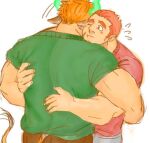  2boys 392mondo animal_ears bara blouse blush brown_hair cheek_bulge commentary_request couple cow_boy cow_ears cow_horns cow_tail dark-skinned_male dark_skin facial_hair fiery_horns forked_eyebrows from_behind glowing_horns goatee green_blouse gunzo_(housamo) horns hug long_sideburns male_focus motion_lines multiple_boys muscular muscular_male pink_blouse scar scar_on_cheek scar_on_face short_hair sideburns spiked_hair tail thick_eyebrows tokyo_afterschool_summoners unfinished upper_body wakan_tanka yaoi 