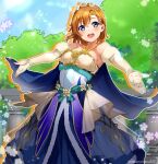  1girl :d absurdres alternate_costume alternate_hairstyle bare_shoulders blue_cape blue_eyes blush breasts cape commentary dress elbow_gloves frilled_dress frills fur-trimmed_gloves fur_trim gloves hair_ornament hairclip head_wreath highres jewelry kousaka_honoka long_dress looking_at_viewer love_live! love_live!_school_idol_project nakano_maru necklace orange_hair outstretched_arms short_hair small_breasts smile solo strapless strapless_dress teeth upper_teeth white_gloves 