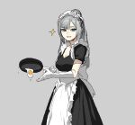  1girl apron bangs black_dress blue_eyes breasts cleavage commentary dress egg elbow_gloves english_commentary eyebrows_visible_through_hair food fried_egg frills frying_pan gloves gogalking grey_background grey_hair grin hair_between_eyes highres holding holding_frying_pan long_dress long_hair looking_at_viewer maid maid_(gogalking) maid_headdress medium_breasts original ponytail short_sleeves sidelocks simple_background smile solo teeth upper_body waist_apron white_apron white_gloves 