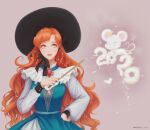  1girl 2020 black_bow bow brooch cloud commentary crown curly_hair dress green_dress hand_on_hip highres jewelry lips long_hair mouse orange_eyes orange_hair original solo sunlight_(kpxv3583) tan_background very_long_hair wand wavy_hair witch wizard 