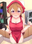  1girl absurdres apron bangs between_thighs blush breasts brown_hair collarbone commentary_request counter covered_nipples cup disposable_cup embarrassed eyebrows_visible_through_hair fisheye full-face_blush hair_between_eyes head_scarf highres holding holding_cup iced_latte_with_breast_milk_(meme) konoe_kanata large_breasts linatai long_hair looking_at_viewer love_live! love_live!_nijigasaki_high_school_idol_club marker meme naked_apron open_mouth purple_eyes red_apron red_headwear shop solo sweat twitter_username very_long_hair 