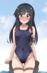  1girl asashio_(kancolle) backpack bag bar_censor black_hair blue_eyes blue_sky blush bodypaint breasts censored collarbone commentary_request cowboy_shot day eyebrows_visible_through_hair groin kantai_collection long_hair naked_paint navel nipples nose_blush nude ocean one-piece_swimsuit open_mouth outdoors painted_clothes randoseru rigging sasakura_(calicchio) sky small_breasts solo standing swimsuit tearing_up tears thigh_strap torpedo_launcher torpedo_tubes 