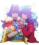  2boys :d ascot bangs baseball_cap bright_pupils buttons cape champion_uniform commentary_request crossed_arms dark-skinned_male dark_skin dynamax_band facial_hair fur-trimmed_cape fur_trim hat highres leon_(pokemon) long_hair long_sleeves looking_at_viewer male_focus mitsuba_chiko multiple_boys open_mouth parted_lips pokemon pokemon_(game) pokemon_swsh purple_hair red_cape shield_print shirt smile sword_print teeth tongue white_ascot white_pupils yellow_eyes 