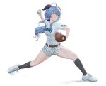  1girl absurdres ahoge ball baseball baseball_mitt baseball_uniform belt belt_buckle black_legwear blue_eyes blue_hair blush breasts brown_eyes buckle carlo_montie clothes_writing collarbone fingernails full_body ganyu_(genshin_impact) genshin_impact goat_horns highres horns kneehighs long_hair major_league_baseball medium_breasts multicolored_eyes seattle_mariners shoes shorts sidelocks signature simple_background sneakers solo sport sportswear throwing white_background 