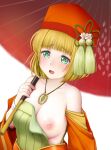  1girl :o absurdres blonde_hair blush breasts cleavage detached_sleeves dress green_dress green_eyes hair_ornament hat highres holding holding_umbrella japanese_clothes jewelry kimono kozue_akari long_sleeves looking_at_viewer medium_hair necklace nipples oil-paper_umbrella one_breast_out open_mouth red_headwear red_umbrella sen_rikyuu sengoku_otome simple_background solo tassel tassel_hair_ornament umbrella upper_body wardrobe_malfunction white_background wide_sleeves 
