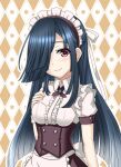  1girl apron black_hair blush closed_mouth commentary_request corset eyebrows_visible_through_hair hair_over_one_eye hand_on_own_chest hayashimo_(kancolle) kantai_collection karuna_(madlax) long_hair looking_at_viewer maid maid_headdress purple_eyes smile solo upper_body waist_apron white_apron white_headdress 