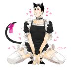  1boy alternate_costume animal_ears bertolt_hoover black_dress black_hair blush boots cat_boy cat_ears cat_tail collar cropped_jacket crossdressing dark-skinned_male dark_skin dress enmaided frilled_collar frilled_dress frills full_body hair_ears heart jacket kemonomimi_mode leather leather_boots leather_jacket maid male_focus nene_(10575936) pants ribbon shingeki_no_kyojin short_hair solo squatting tail tail_ornament tail_ribbon thighhighs three-dimensional_maneuver_gear white_legwear white_pants 