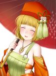  1girl :d absurdres bandeau blonde_hair blush breasts cleavage closed_eyes detached_sleeves dress facing_viewer green_dress hair_ornament hat highres holding holding_umbrella japanese_clothes jewelry kimono kozue_akari long_sleeves medium_hair necklace oil-paper_umbrella orange_bandeau red_headwear red_umbrella sen_rikyuu sengoku_otome simple_background smile solo tassel tassel_hair_ornament transparent_background umbrella upper_body wide_sleeves 