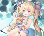  2girls animal_ears bikini bikini_shorts blonde_hair blue_bikini blue_shorts charybdis_(granblue_fantasy) eating granblue_fantasy hair_ornament highres ichiyo_tsuyu_(glacia_glagla) jellyfish_girl long_hair mahira_(granblue_fantasy) multiple_girls open_mouth red_eyes ribbon short_shorts shorts sitting smile spoon swimsuit thigh_strap thighs twintails very_long_hair 