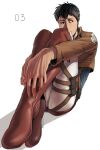  1boy bertolt_hoover black_hair boots cropped_jacket dark-skinned_male dark_skin foreshortening full_body highres hugging_own_legs jacket leather leather_boots leather_jacket looking_to_the_side male_focus nene_(10575936) pants shingeki_no_kyojin short_hair solo three-dimensional_maneuver_gear white_pants 