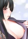  1girl black_hair blush breasts enma_ai fingernails flashing from_side hand_up japanese_clothes jigoku_shoujo kimono kozue_akari large_breasts long_hair looking_at_viewer looking_to_the_side nipples no_bra parted_lips pink_nails profile purple_kimono red_eyes sideways_mouth smile solo undressing upper_body 