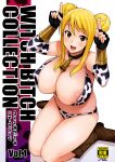  1girl :d animal_print areola_slip areolae bangs bell bikini black_gloves blonde_hair blush boots breasts brown_eyes brown_footwear cleavage collar content_rating cover cover_page covered_nipples cow_print detached_sleeves double_bun doujin_cover eyebrows_visible_through_hair fairy_tail fingerless_gloves full_body gloves gradient gradient_background hands_up highres horns_pose huge_breasts index_finger_raised long_hair looking_at_viewer lucy_heartfilia neck_bell nipple_slip nipples open_mouth print_bikini puffy_nipples scan sitting smile solo strap_gap swimsuit tamagoroo vambraces wariza 