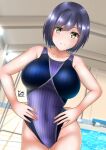  1girl blue_hair blue_swimsuit breasts collarbone commentary_request competition_swimsuit cowboy_shot dutch_angle hands_on_hips highres indoors large_breasts leaning_to_the_side looking_at_viewer mole mole_under_eye nijisanji one-piece_swimsuit pool shizuka_rin short_hair signature smile solo swimsuit virtual_youtuber yellow_eyes yurinozuku1112 