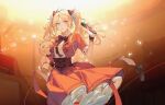  16400526 1girl arknights blonde_hair bow bowtie corset dress hand_on_hip highres holding holding_stuffed_toy layered_dress microphone official_alternate_costume open_mouth orange_background orange_dress orange_theme pinecone_(arknights) pinecone_(sing_a_song)_(arknights) ribbon solo standing stuffed_animal stuffed_toy teddy_bear twintails 