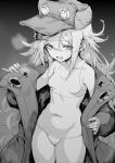  1girl bare_shoulders blush breasts coat g11_(girls&#039;_frontline) girls&#039;_frontline greyscale hat heavy_breathing highres long_hair monochrome navel open_clothes opened_by_self panties saliva shanyao_jiang_tororo small_breasts sports_bra sweat underwear white_panties 