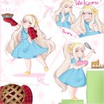  1950s_(style) 1girl absurdres avatar_(ffxiv) blonde_hair cooking dress final_fantasy final_fantasy_xiv food headband highres lalafell long_hair pastel_colors petite pie pointy_ears polka_dot self_upload sign_language smile spooky-dollie very_long_hair vintage_clothes whisk 