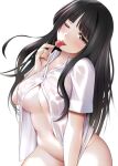  1girl :p black_hair blush breasts candy cleavage enma_ai food head_tilt holding holding_candy holding_food holding_lollipop jigoku_shoujo kozue_akari large_breasts lollipop long_hair looking_at_viewer naked_shirt pinky_out shirt simple_background smile solo tongue tongue_out underboob wet wet_clothes wet_shirt white_background 