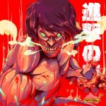  1boy black_hair blood clenched_teeth english_commentary floating_hair freakyfir green_eyes looking_at_viewer male_focus open_hand red_background rogue_titan shingeki_no_kyojin signature smoke solo teeth 