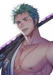  1boy abs alternate_costume bara bare_pectorals earrings eilinna green_hair hadanugi_dousa highres japanese_clothes jewelry kimono large_pectorals lips long_sideburns looking_at_viewer male_focus muscular muscular_male nipples one_piece open_clothes open_kimono over_shoulder pectorals portrait print_kimono roronoa_zoro scar scar_across_eye scar_on_chest short_hair sideburns single_earring smile solo stitches stomach sword sword_over_shoulder weapon weapon_over_shoulder white_background 