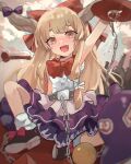 1girl :d absurdres arm_up bangs bare_shoulders blurry blush bottle bow bowtie brown_eyes brown_hair center_frills chain commentary_request cup depth_of_field drunk eyebrows_behind_hair fang footwear_bow frills highres horn_bow horn_ornament horns ibuki_suika kani_nyan knee_up long_hair looking_at_viewer nose_blush oni_horns purple_bow purple_skirt red_bow red_bowtie sakazuki shirt sidelocks skin_fang skirt smile solo sweat touhou very_long_hair white_shirt 