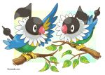  bird branch chatot commentary_request grey_eyes highres leaf no_humans open_mouth pokemon pokemon_(creature) rorosuke standing tongue twitter_username white_background 