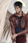  1boy angel bertolt_hoover black_hair black_shirt closed_eyes closed_mouth cropped_jacket dark-skinned_male dark_skin feathered_wings feet_out_of_frame halo highres jacket leather leather_jacket male_focus nene_(10575936) pants shingeki_no_kyojin shirt short_hair solo three-dimensional_maneuver_gear white_pants wings 