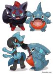  bright_pupils commentary_request fangs gible green_eyes highres looking_up no_humans open_mouth pokemon pokemon_(creature) riolu rorosuke sharp_teeth standing teeth toes tongue twitter_username white_background white_pupils zorua 