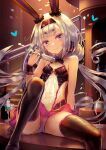  1girl azur_lane blush breasts cleavage commentary_request cup drinking_glass long_hair looking_at_viewer low_twintails playboy_bunny pouring_onto_self shimakaze_(azur_lane) shimakaze_(fastest_bunny&#039;s_invitation)_(azur_lane) silver_hair sitting small_breasts smile solo table tanaka_ken&#039;ichi twintails wine_glass yellow_eyes 