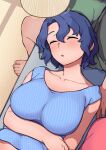  1girl arm_under_breasts barefoot blue_hair blue_shirt blush breasts checkered checkered_shirt closed_eyes collarbone commentary_request couch green_shirt hair_between_eyes idolmaster idolmaster_million_live! idolmaster_million_live!_theater_days indoors korean_commentary kwaejina lap_pillow large_breasts lying mixed-language_commentary on_back on_couch open_mouth shirt short_hair sitting sleeping sleeveless sleeveless_shirt solo_focus toyokawa_fuuka wavy_hair 