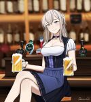  1girl alcohol artist_name bangs bar bare_legs barmaid beer beer_mug blonde_hair blue_dress breasts choker circle_skirt collarbone commission cross cup darkpulsegg dirndl dress eyebrows_visible_through_hair german_clothes glass graf_zeppelin_(kancolle) grey_eyes hair_between_eyes highres holding holding_cup iron_cross kantai_collection long_hair looking_at_viewer md5_mismatch mug oktoberfest short_dress sidelocks smile solo tied_hair twintails two-tone_dress underbust white_dress 