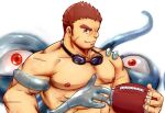  1boy abs bara brown_hair doro_rich facial_hair goatee goggles goggles_around_neck gunzo_(housamo) large_pectorals long_sideburns looking_at_viewer male_focus muscular muscular_male nipples nude pectorals rugby_ball scar scar_on_cheek scar_on_face short_hair sideburns smile solo spirit stubble thick_eyebrows tokyo_afterschool_summoners upper_body 