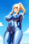  &gt;:( 1girl absurdres arms_behind_back artist_name awesomeerix bangs blue_bodysuit blue_eyes blue_sky blush bodysuit breasts closed_mouth covered_navel covered_nipples cowboy_shot day eyelashes from_below hair_between_eyes highres large_breasts long_hair looking_down metroid mole mole_under_eye outdoors ponytail samus_aran sidelocks signature sky solo v-shaped_eyebrows watermark web_address zero_suit 