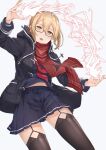  1girl ahoge artoria_pendragon_(fate) bangs black_legwear blonde_hair braid commentary_request cowboy_shot electricity fate/grand_order fate_(series) garter_straps glasses highres jacket long_sleeves looking_at_viewer mysterious_heroine_x_(alter)_(fate) open_mouth plaid plaid_scarf pleated_skirt red_scarf scarf school_uniform serafuku simple_background skirt solo tapioka_(oekakitapioka) thighhighs yellow_eyes 