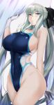  1girl bangs black_bow blue_eyes blue_swimsuit bow braid breasts choker covered_navel fate/grand_order fate_(series) french_braid gloves grey_hair hair_bow highleg highleg_swimsuit kumakichi_(cost-lost) large_breasts long_hair looking_at_viewer morgan_le_fay_(fate) one-piece_swimsuit ponytail sideboob sidelocks swimsuit thighs two-tone_swimsuit very_long_hair white_gloves white_swimsuit 