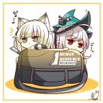  2girls absurdres animal_ear_fluff animal_ears arknights bag bangs bare_shoulders benizika cat_ears chibi closed_mouth commentary_request detached_sleeves dress duffel_bag eyebrows_visible_through_hair green_eyes highres kal&#039;tsit_(arknights) light_green_hair long_hair long_sleeves looking_at_viewer multiple_girls official_alternate_costume recruitment_bag_(arknights) red_eyes silver_hair skadi_(arknights) skadi_the_corrupting_heart_(arknights) translation_request twitter_username very_long_hair 