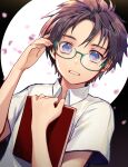  1boy adjusting_eyewear black_hair book commentary glasses highres holding holding_book male_focus mole mole_under_eye open_mouth original penguu_(green528) petals purple_eyes shirt short_hair short_sleeves solo symbol-only_commentary upper_body white_shirt 