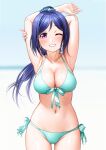  1girl aqua_bikini arms_up ass_visible_through_thighs bangs beach bikini blue_hair blurry blurry_background blush breasts cleavage commentary day grin halterneck highres long_hair love_live! love_live!_sunshine!! matsuura_kanan medium_breasts navel ocean one_eye_closed outdoors parted_bangs purple_eyes side-tie_bikini smile solo standing stretch string_bikini swimsuit symbol-only_commentary teeth yonsi 