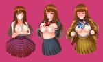  1girl bangs black_serafuku black_skirt blue_bow blue_bowtie blunt_bangs bow bowtie breasts breasts_outside brown_eyes brown_hair brown_jacket brown_skirt closed_eyes cum fate/extra fate/extra_ccc fate_(series) highres jacket kishinami_hakuno_(female) long_hair long_sleeves medium_breasts nipples one_eye_closed pleated_skirt school_uniform serafuku shimogami_migihidari skirt tsukumihara_academy_uniform_(fate/extra) tsukumihara_academy_uniform_(fate/extra_ccc) 