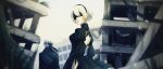  1boy 1girl back_cutout black_blindfold black_dress black_hairband blindfold check_commentary clothing_cutout commentary commentary_request covered_eyes dress from_behind hairband highres juliet_sleeves long_sleeves nier_(series) nier_automata outdoors puffy_sleeves sanyou short_hair solo_focus white_hair yorha_no._2_type_b yorha_no._9_type_s 