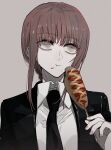  1girl :t black_jacket black_necktie braid chainsaw_man closed_mouth collared_shirt corn_dog eating ebanoniwa food food_on_face grey_background highres holding jacket long_hair long_sleeves makima_(chainsaw_man) necktie pink_hair ringed_eyes sanpaku shirt simple_background solo upper_body white_shirt wing_collar 