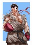  1boy absurdres bara black_hair clenched_hand closed_mouth dougi fingerless_gloves gloves headband highres large_pectorals male_focus muscular muscular_male pectoral_cleavage pectorals red_gloves red_headband rx_hts ryu_(street_fighter) simple_background sleeveless solo street_fighter thick_eyebrows torn_clothes two-tone_background 