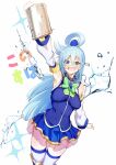  1girl absurdres alcohol aqua_(konosuba) aqua_hair arm_up beer beer_mug blue_dress blue_eyes blush bow bowtie breasts copyright_name cup detached_sleeves dress foam green_bow green_bowtie hair_ornament hair_rings highres holding holding_cup kono_subarashii_sekai_ni_shukufuku_wo! long_hair looking_at_viewer medium_breasts mug open_mouth rx_hts simple_background solo sparkle thighhighs very_long_hair water white_background white_legwear 