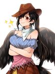  1girl bandana black_hair black_wings breasts brown_headwear cleavage closed_mouth cowboy_hat crossed_arms feathered_wings hat horse_girl horse_tail kurokoma_saki long_hair medium_breasts multicolored_clothes nr_mkn off_shoulder one_eye_closed pegasus_wings ponytail red_eyes simple_background smile sparkle tail touhou white_background white_bandana wings 