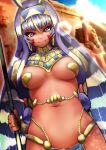  1girl animal_ears bangs beads belly_chain blonde_hair blunt_bangs breasts cloud dark-skinned_female dark_skin day earrings egyptian egyptian_clothes eyelashes facepaint fate/grand_order fate_(series) hairband highres holding hoop_earrings jackal_ears jewelry long_hair looking_at_viewer medium_breasts multicolored_hair nitocris_(fate) outdoors pink_eyes purple_hair rx_hts sky solo sparkle streaked_hair usekh_collar 