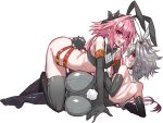  2boys all_fours animal_ears ass astolfo_(fate) astolfo_(saber)_(fate) bare_shoulders blush bow bowtie commentary_request elbow_gloves eyebrows_visible_through_hair fang fate/apocrypha fate/grand_order fate_(series) full_body gloves grey_hair hair_between_eyes haoro leotard long_hair lying multiple_boys on_side open_mouth otoko_no_ko pantyhose pink_hair playboy_bunny purple_eyes rabbit_ears rabbit_tail red_eyes sieg_(fate) simple_background skin_fang sleeveless sweat tail thighhighs tongue twintails white_background yaoi 